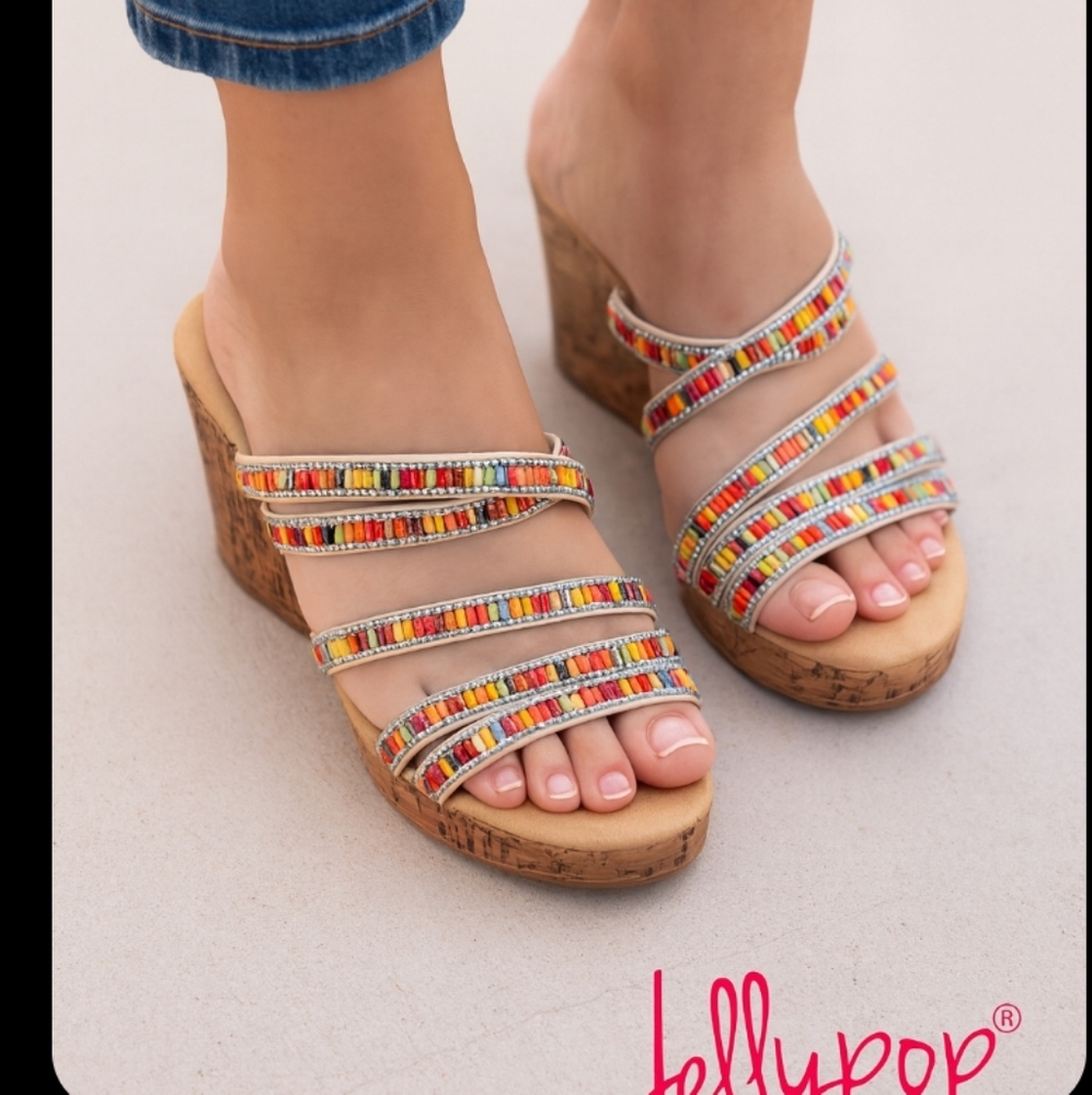 Jellypop Colorful Beaded Wedge Sandals. womens size 10M. EUC